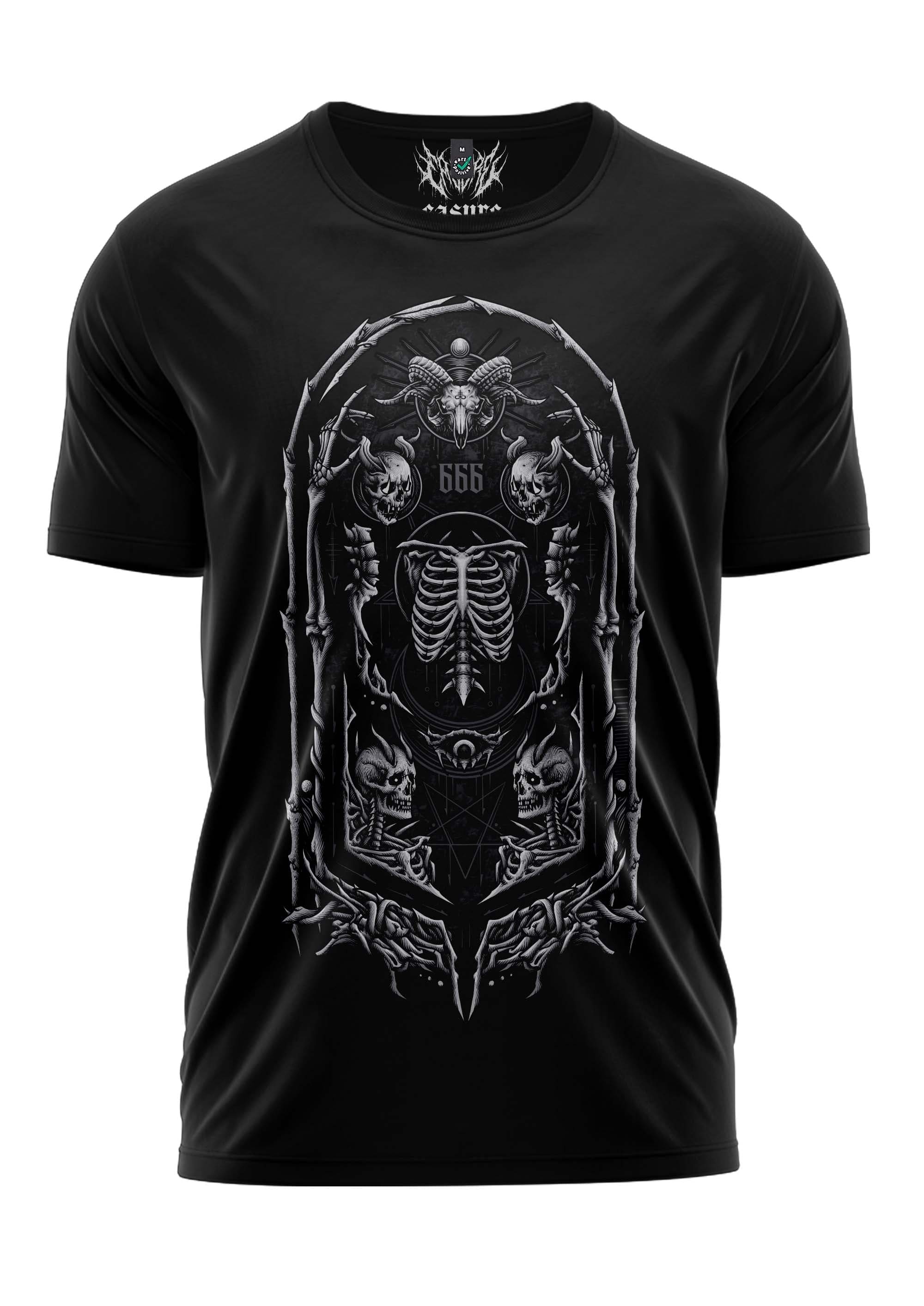 Schwarzes T-Shirt mit weißem Skelett-Design und 666-Logo.